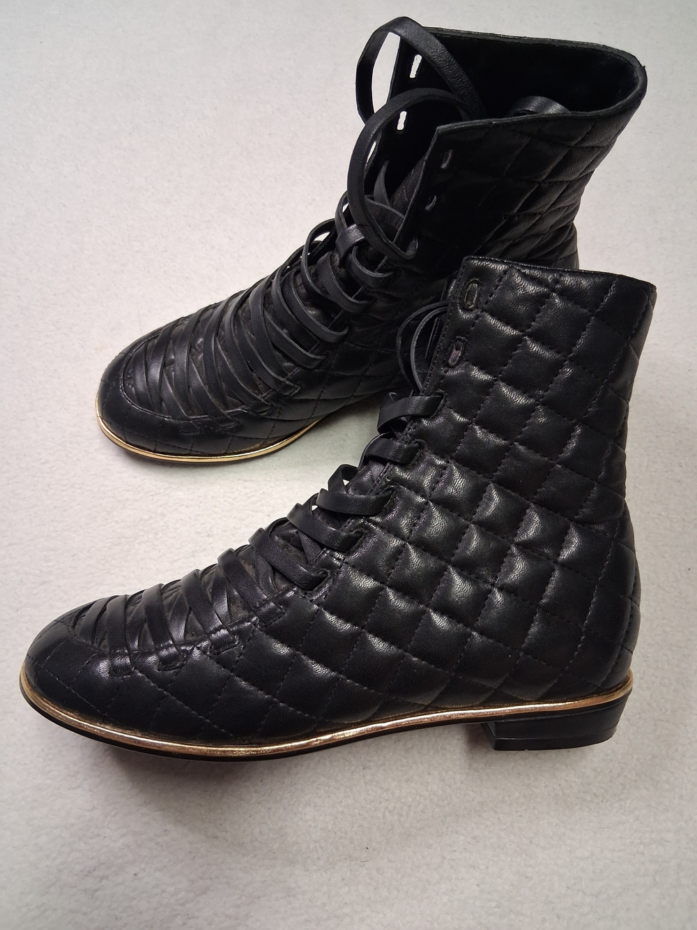 VINTAGE Glory Chen Quilted Interlaced Leather Flat Ankle Boots Black Gold